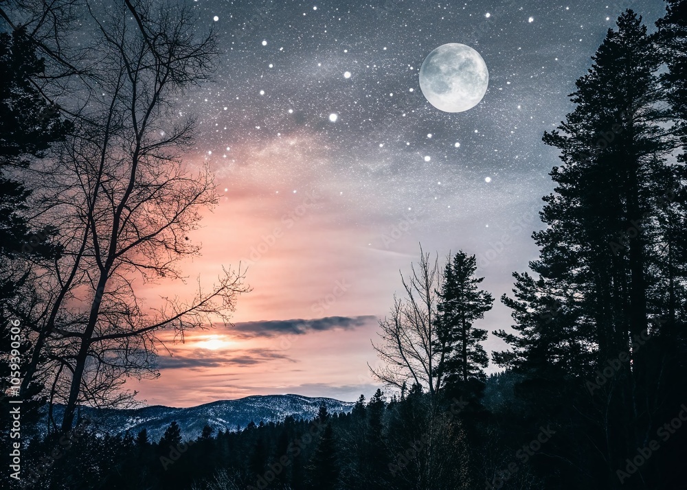 Night Photography of a Celestial Sun and Moon Divider in a Starry Sky for Tranquil Landscapes Night Photography of a Celestial Sun and Moon Divider in a Starry Sky for Tranquil Landscapes