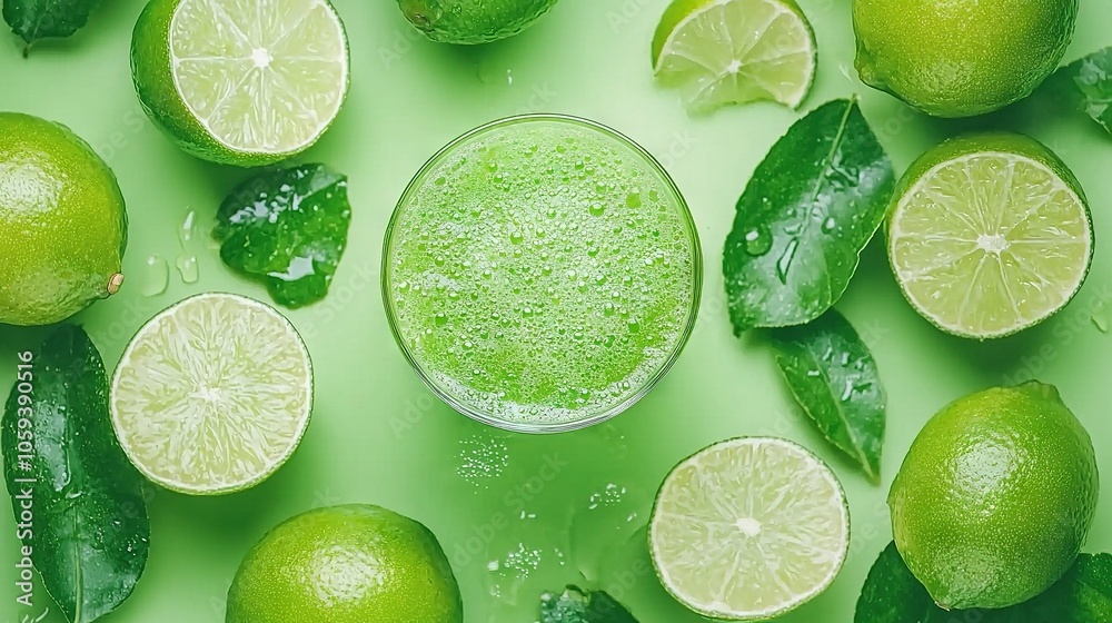 A limeade glass surrounded by limes and leaves on a green background A limeade glass surrounded by limes and leaves on a green background