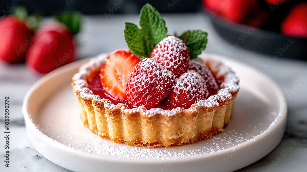 A strawberry tart crowned with powdered sugar and graced by fresh strawberries beside it A strawberry tart crowned with powdered sugar and graced by fresh strawberries beside it