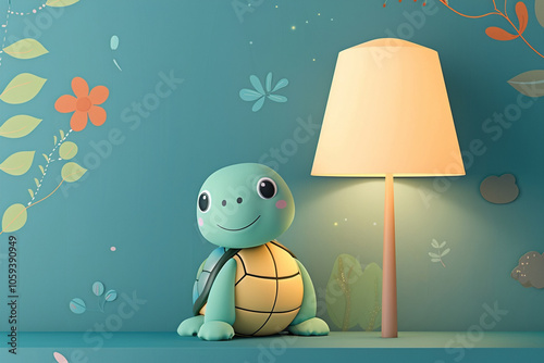 Adorable Cartoon Turtle Smiling Under a Lamp for Kids' Illustrations