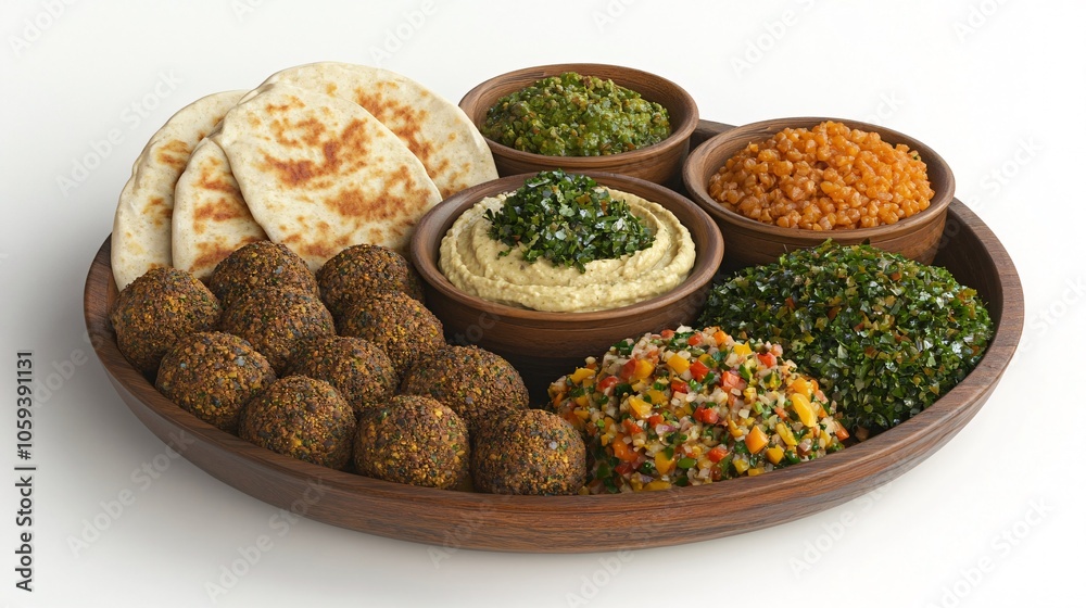 A platter of falafel, hummus, pita bread, and various Middle Eastern salads on a wooden platter. Generative ai A platter of falafel, hummus, pita bread, and various Middle Eastern salads on a wooden platter. Generative ai