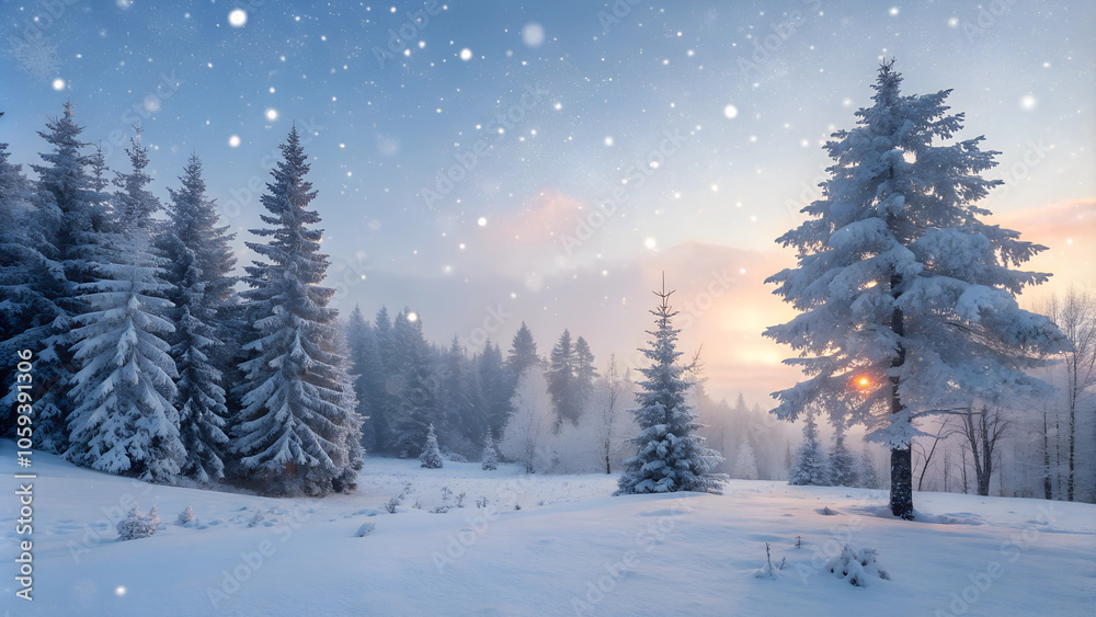serene snow covered forest at dawn, with soft snowfall and frosty trees serene snow covered forest at dawn, with soft snowfall and frosty trees
