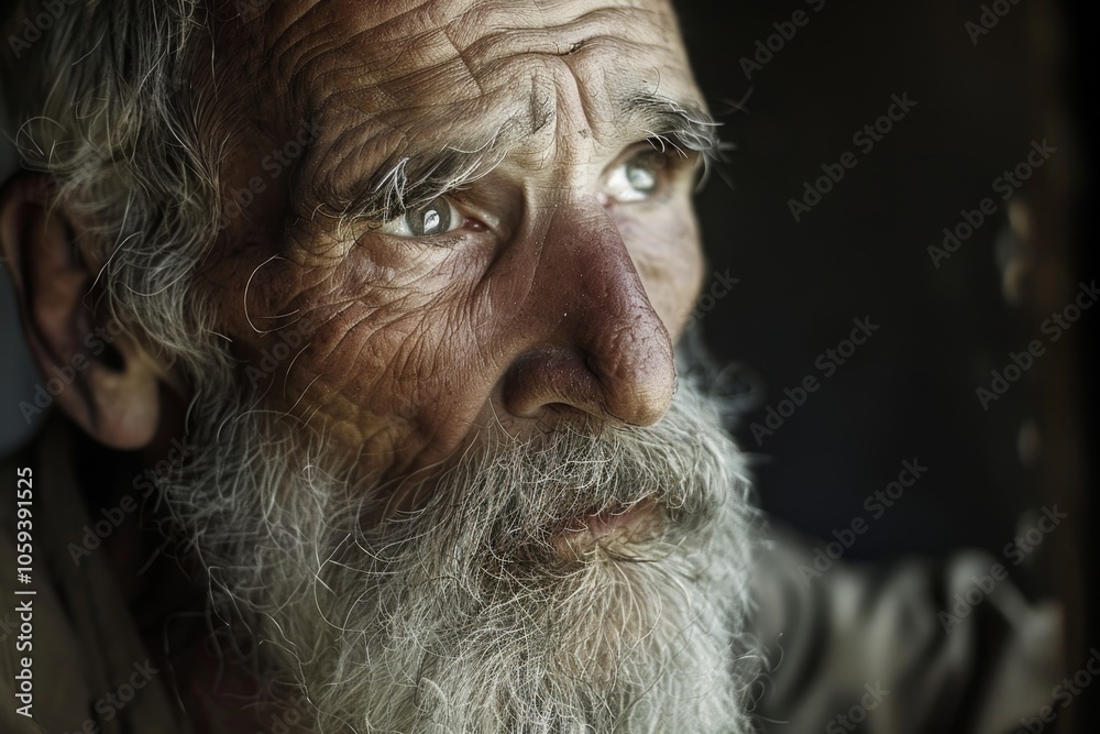 A contemplative elderly man with a long beard gazes thoughtfully out of a window, reflecting on his life in a dimly lit room during the late afternoon A contemplative elderly man with a long beard gazes thoughtfully out of a window, reflecting on his life in a dimly lit room during the late afternoon