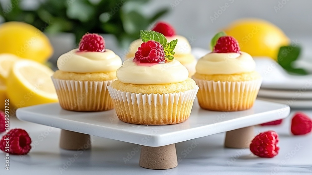 A white plate holds three cupcakes, all frosted and garnished with raspberries and lemon wedges A white plate holds three cupcakes, all frosted and garnished with raspberries and lemon wedges