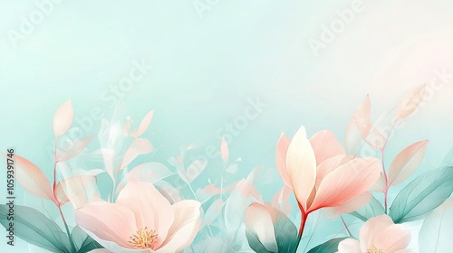   A light blue background with pink flowers and green leaves features text on the left