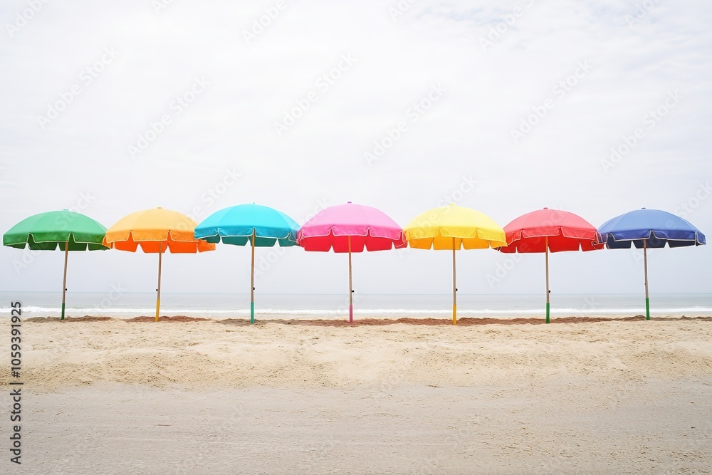Colorful beach umbrellas in a row on sandy shore Colorful beach umbrellas in a row on sandy shore
