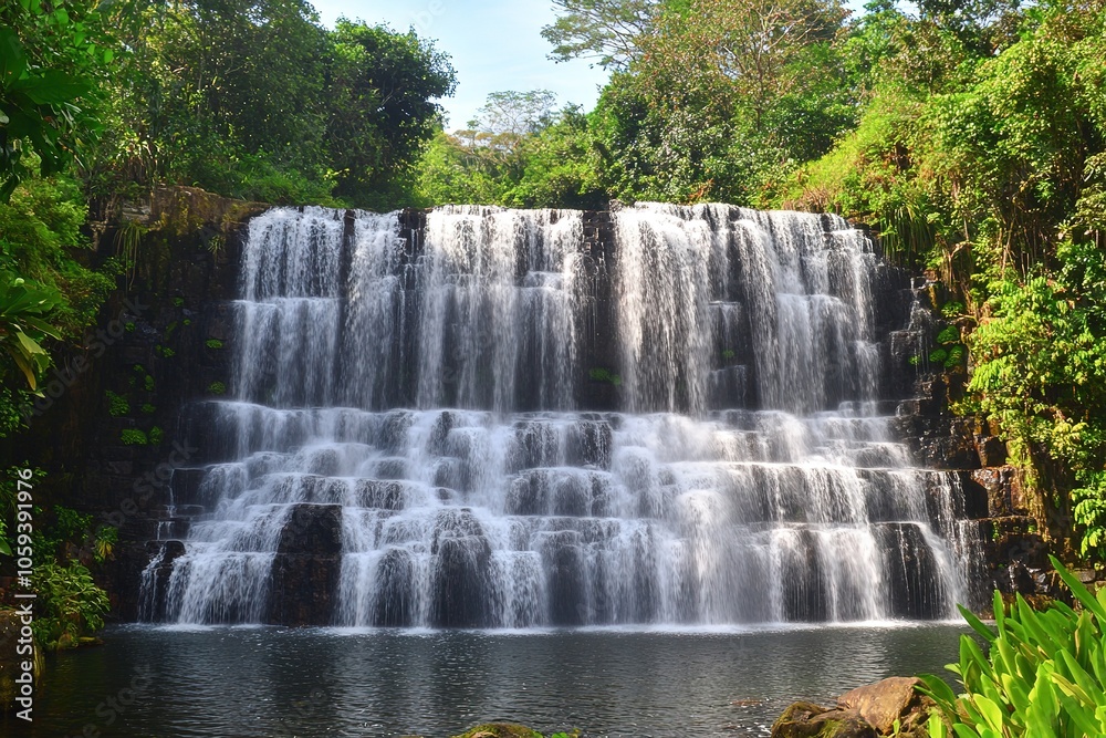 Cascading tropical waterfall surrounded by lush greenery Cascading tropical waterfall surrounded by lush greenery