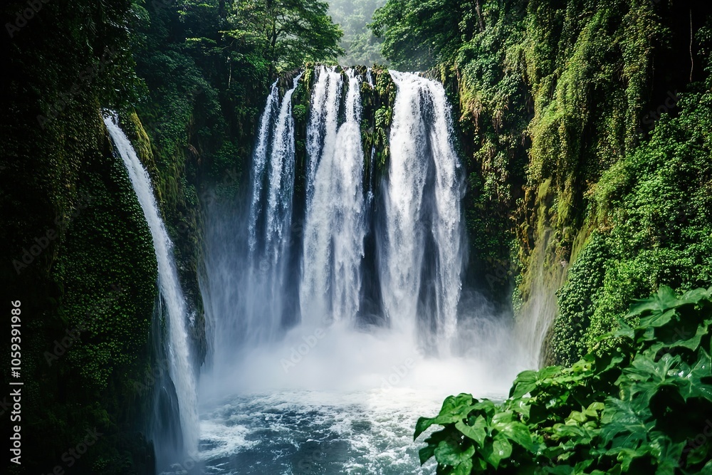 Misty tropical waterfall surrounded by lush foliage Misty tropical waterfall surrounded by lush foliage