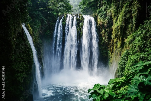 Misty tropical waterfall surrounded by lush foliage