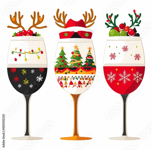 Three festive glasses decorated for Christmas, featuring unique holiday patterns