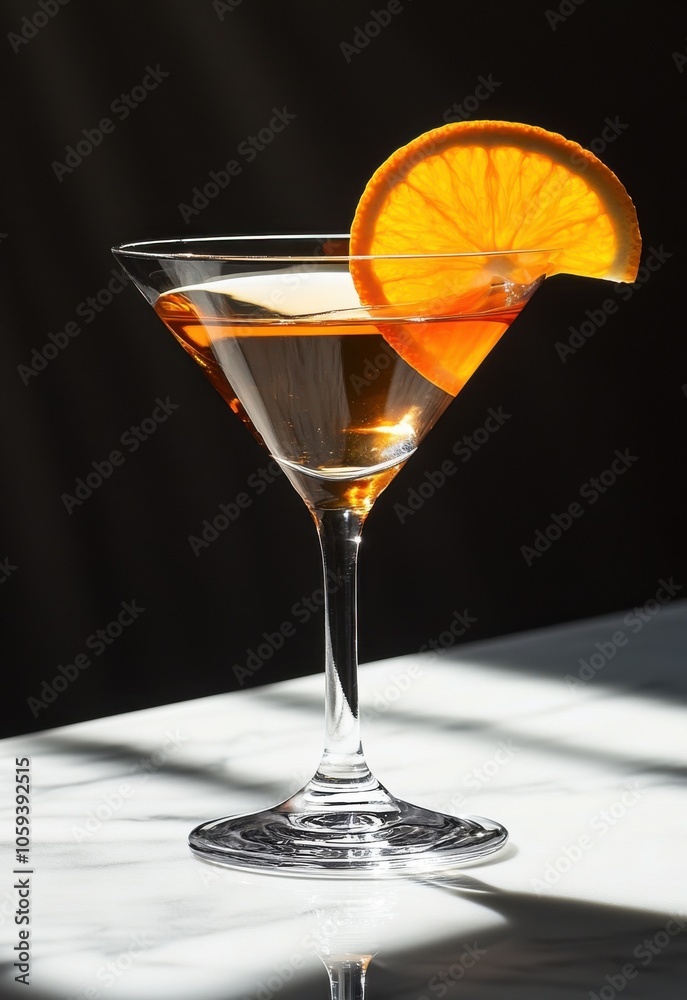 A classic martini glass with an orange slice garnish, sitting on top of a white marble table against a black background. The sun is shining from the right side, casting shadows across to the left side A classic martini glass with an orange slice garnish, sitting on top of a white marble table against a black background. The sun is shining from the right side, casting shadows across to the left side