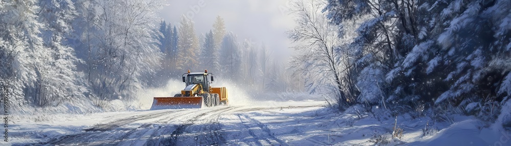 Snowplough removing deep snow on frozen rural road, snowladen trees in background