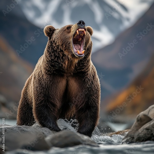 A bear is standing in the water with its mouth open, ready to attack. The scene is intense and dramatic, with the bear's powerful presence and the water's movement adding to the sense of danger