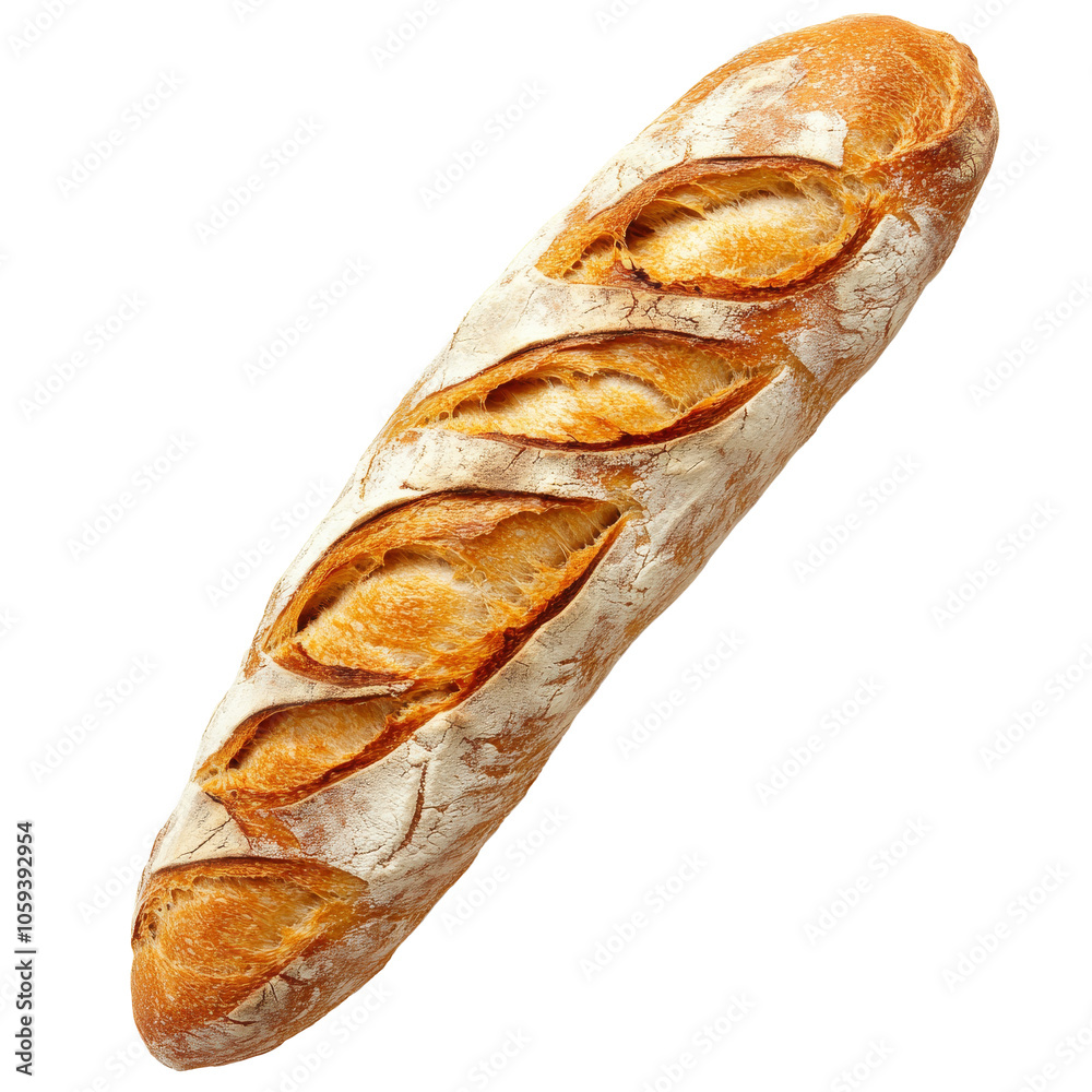 Freshly baked baguette resting on a white surface isolated transparent Freshly baked baguette resting on a white surface isolated transparent