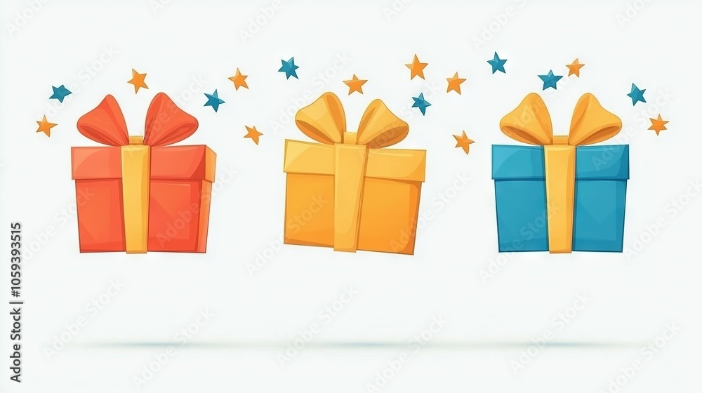 Three wrapped presents sit together on a white surface, surrounded by stars in the background Three wrapped presents sit together on a white surface, surrounded by stars in the background
