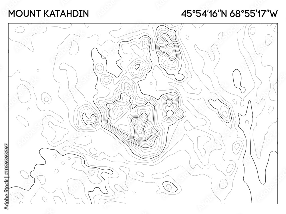 Topographic contour map of Mount Katahdin featuring elevation lines and accurate geographic coordinates. Topographic map vector. Topographic contour map of Mount Katahdin featuring elevation lines and accurate geographic coordinates. Topographic map vector.