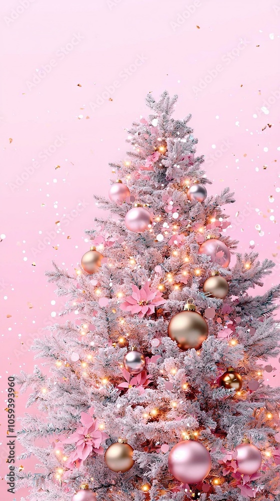 A white Christmas tree adorned with pink and gold baubles against a backdrop of pink, gold, and silver ornaments A white Christmas tree adorned with pink and gold baubles against a backdrop of pink, gold, and silver ornaments