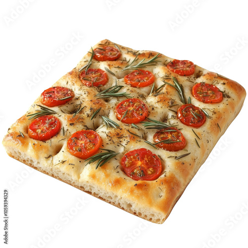 Freshly baked focaccia topped with cherry tomatoes isolated transparent