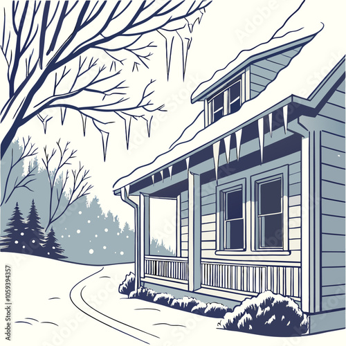 A cozy winter scene with a charming house covered in snow and icicles hanging from the eaves. The snowy landscape and wintery details create a warm and inviting atmosphere.