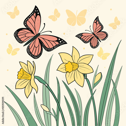 A delicate illustration featuring two butterflies gracefully fluttering amongst a field of blooming daffodils, capturing the beauty of spring in a simple yet captivating design.