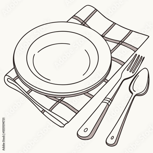 A simple, hand-drawn illustration of a plate, fork, and spoon set on a checkered napkin. This clean and minimalist design is perfect for adding a touch of elegance to your projects.