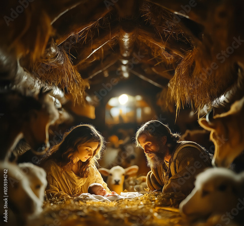 Wallpaper Mural Mary and Joseph caressing baby Jesus in illuminated manger. Animals encircle the manger. Torontodigital.ca