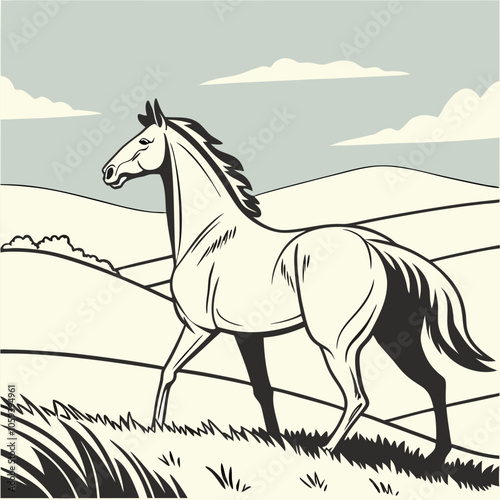 A graceful black and white illustration of a horse running through a field, capturing the animal's energy and freedom.