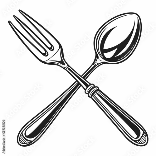 A classic illustration of a fork and spoon crossed, perfect for menu designs, restaurant branding, or any project needing a touch of vintage elegance.