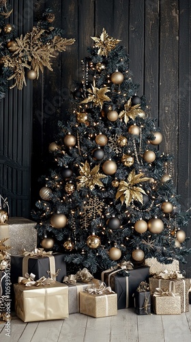  Christmas Tree - Gold & Silver Ornaments, Presents, Black Wall, Gold Stars, Snowflakes