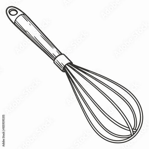 A hand-drawn illustration of a kitchen whisk, a versatile tool used for blending ingredients, incorporating air into mixtures, and creating smooth sauces.