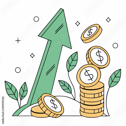 A stylized illustration depicting a green upward arrow with a stack of gold coins, representing financial growth, prosperity, and success. Perfect for business, marketing.