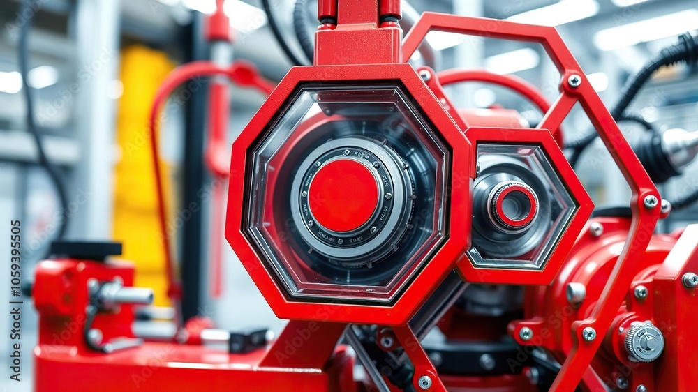 Fototapeta premium A close-up shot of a hexagon-shaped red mechanical object, abstract industrial design, engineering, hexagon, modern