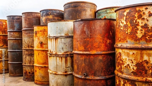 Old Rusty Metal Fuel Barrels on White Background - Macro Photography of Industrial Decay, Vintage Storage Solutions, and Textured Surfaces for Art and Design Use