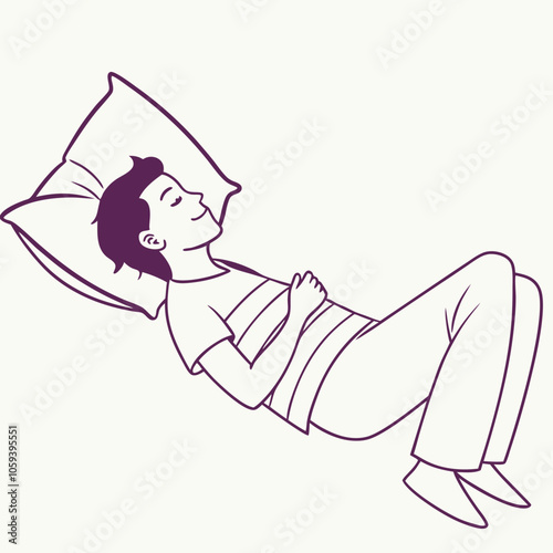 A simple line drawing of a person sleeping peacefully on their back, perfect for illustrating relaxation, rest, and sleep. The image can be used for various purposes.