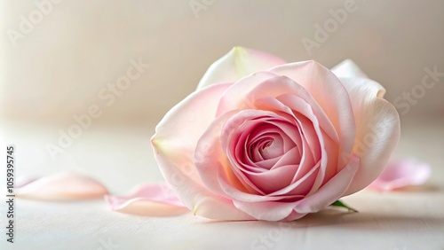 A close-up shot of a single rose petal in pink color against a white or cream-colored background, highlighting its texture and softness, pink background, rose