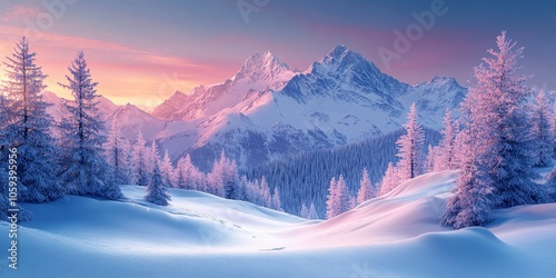 Snowy mountain dawn landscape with soft color palette 3D rendering