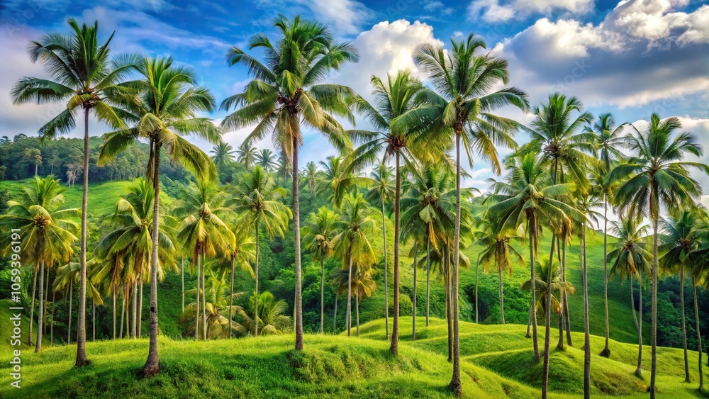 A cluster of coconut trees stands together on a lush green hillside, tropical, tree A cluster of coconut trees stands together on a lush green hillside, tropical, tree