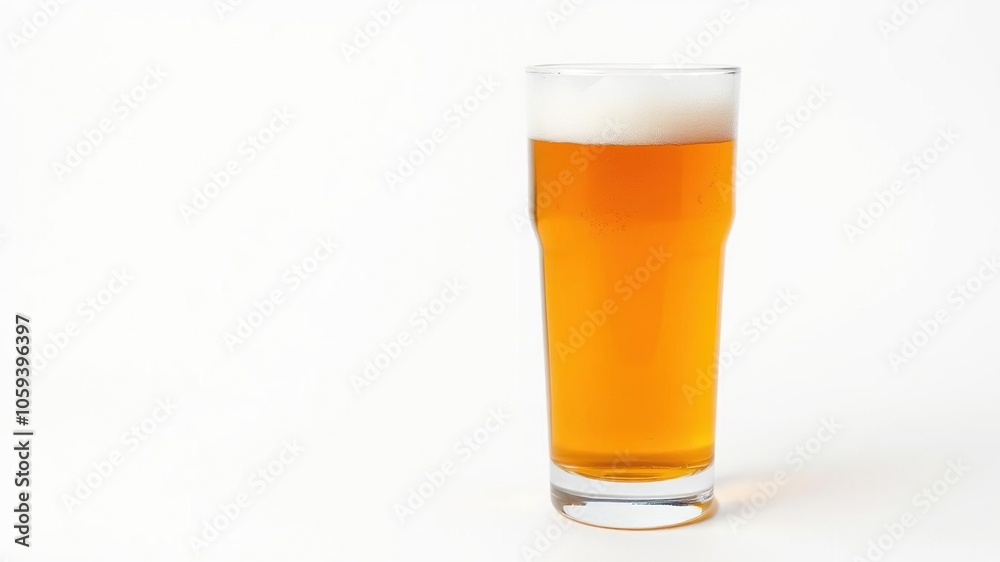 A cold, frothy glass of beer on a clean white background, refresh, alcohol, golden A cold, frothy glass of beer on a clean white background, refresh, alcohol, golden
