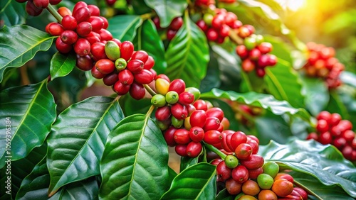 A coffee plant with bright green leaves and vibrant red flowers in a tropical garden setting, nature scenery, foliage, outdoor spaces, horticulture