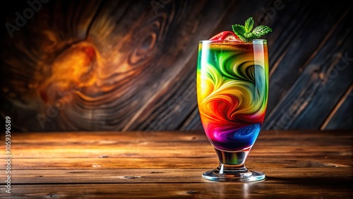 A colorful cocktail with a swirly pattern of different colored liquids and garnishes on a wooden table, wooden table, mixology photo