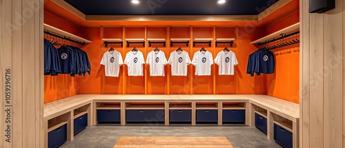 A modern locker room with orange walls, wooden shelves, and blue and white uniforms hanging on hooks.