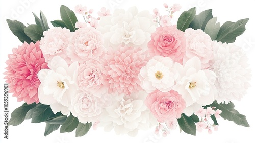  A vibrant arrangement of pink and white flowers set against a white backdrop, featuring lush foliage and floral elements in the center of the frame