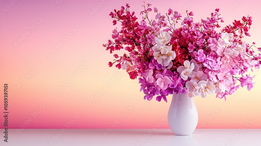A white vase filled with pink and white flowers against a pink backdrop in front of a pink wall A white vase filled with pink and white flowers against a pink backdrop in front of a pink wall