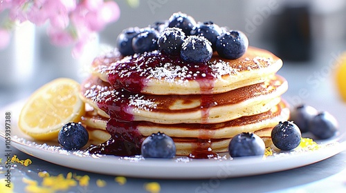  A stack of golden pancakes sits on a crisp white plate, topped with juicy blueberries and zesty lemon slices