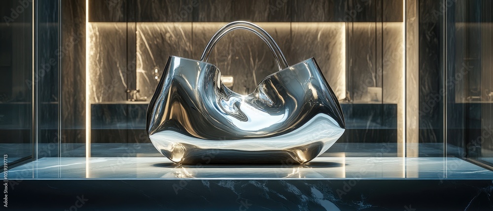 Fototapeta premium A modern, abstract, silver handbag in a minimalist setting, showcased on a smooth marble surface.