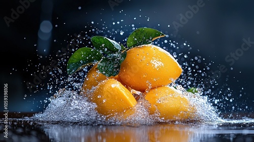  Oranges sit atop table, spilling water