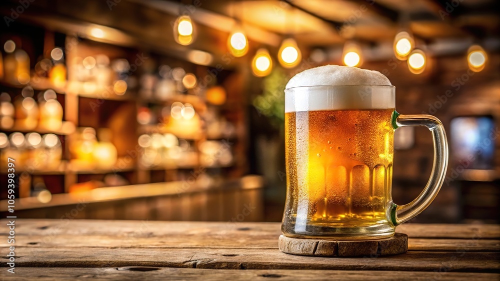 A foamy mug filled with a golden-colored beer with a blurred background of wooden pub decor, furniture, pint, tap, beer, foam A foamy mug filled with a golden-colored beer with a blurred background of wooden pub decor, furniture, pint, tap, beer, foam