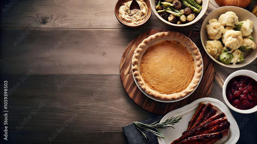 Delicious pumpkin pie surrounded by festive side dishes and decor Delicious pumpkin pie surrounded by festive side dishes and decor