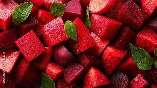   A pile of cut-up beets with a leaf on top of one and a green leaf on the other side photo