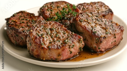 Elegant Gourmet Presentation of Baked Lamb with Honey Glaze and Fresh Herbs on a Decorative Plate